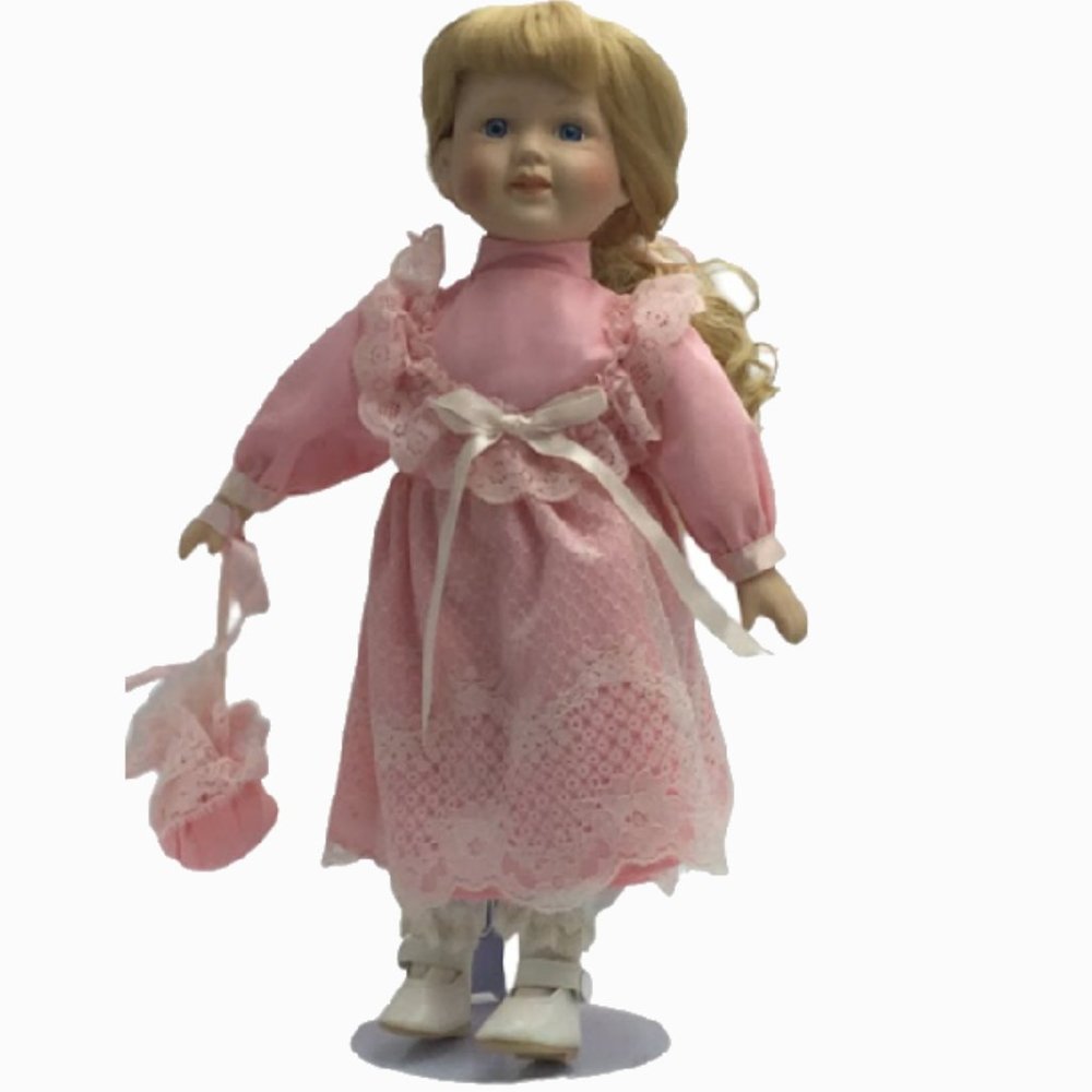 Vintage Victorian Beautiful Porcelain Curly Haired Doll in Elegant Pink Dress